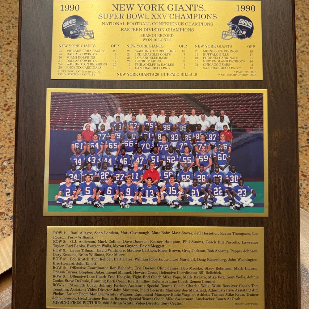 New York Giants Super Bowl XXV Champions Plaque